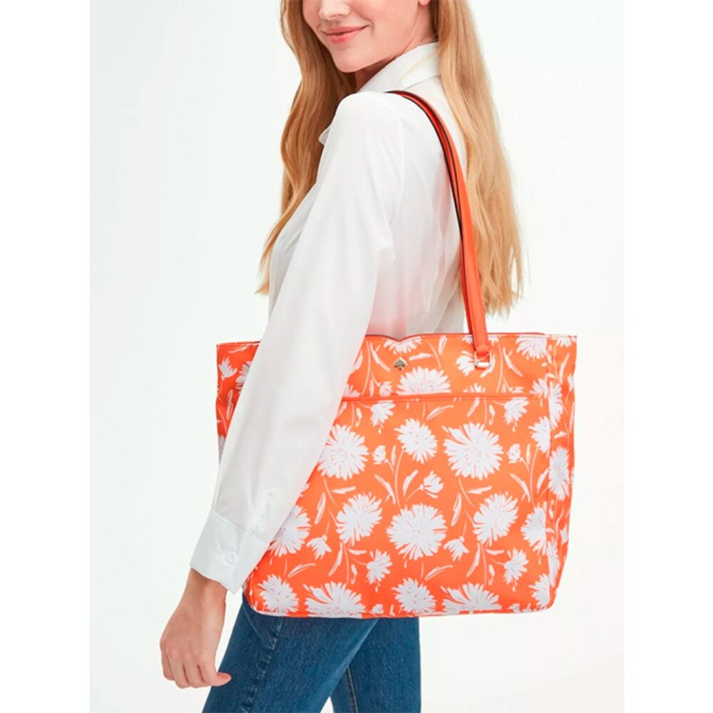 G Kate Spade Jae Orange White Flowers Large Nylon Tote WKR00459 NWT $299 Retail